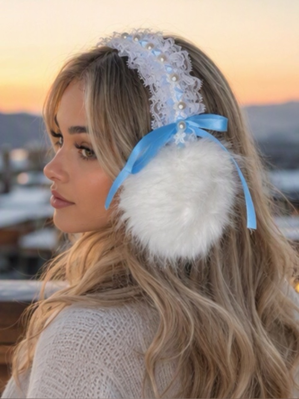 ๐๐ท White & Blue Faux Fur Earmuffs w/ Pearl Ruffle Lace Ribbon Headband ๐ท๐ NWT